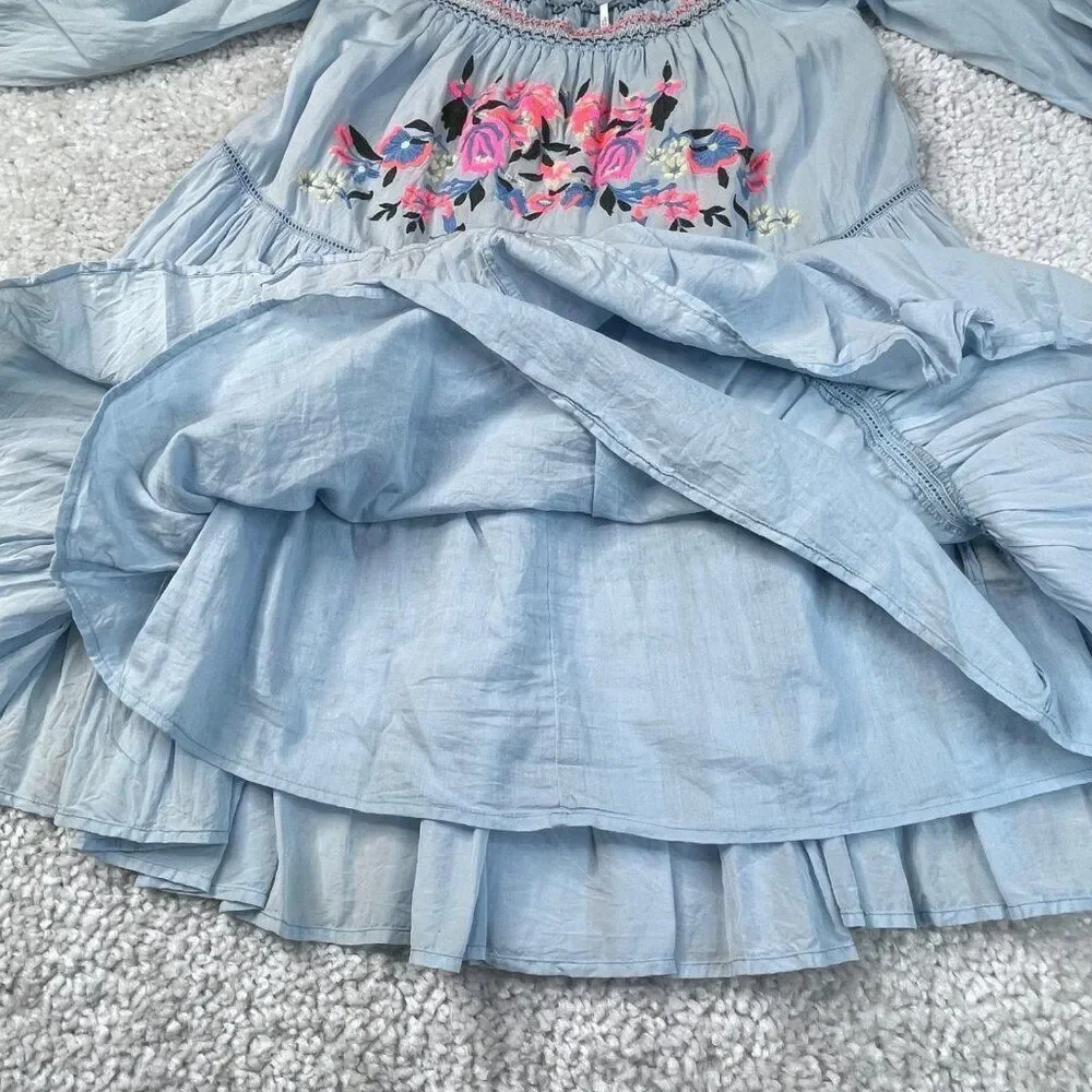 Free People Sunbeams Floral Embroidered Off Shoulder Dress Blue